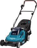 Turquoise Makita grasmaaier met zwarte opvangzak, op een witte achtergrond.