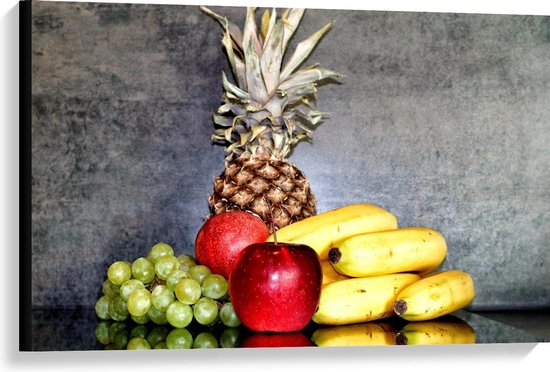 Canvas  - Verschillende Soorten Fruit bij Grijze Muur - 90x60cm Foto op Canvas Schilderij (Wanddecoratie op Canvas)