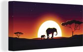 Canvas Schilderij Een illustratie van twee olifanten bij zonsondergang in de savanne - 80x40 cm - Wanddecoratie
