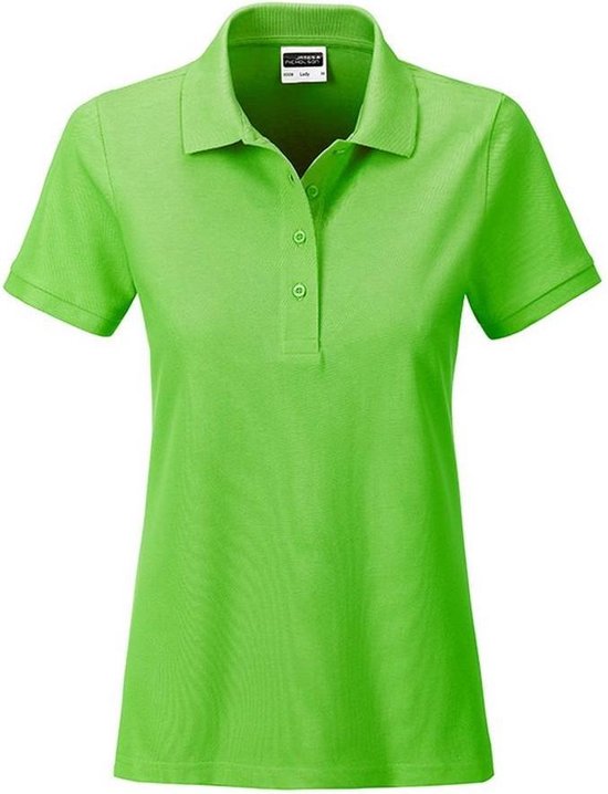Polo vert citron pour femme, manches courtes, col et boutons.
