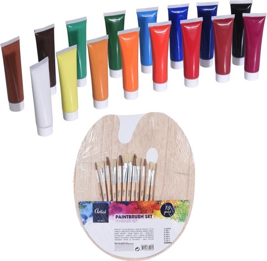 Hobby/knutsel schilderen set van 16 kleuren acryl verf met houten palet en 12 verfkwasten