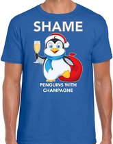 Pinguin Kerstshirt / Kerst t-shirt Shame penguins with champagne blauw voor heren - Kerstkleding / Christmas outfit S
