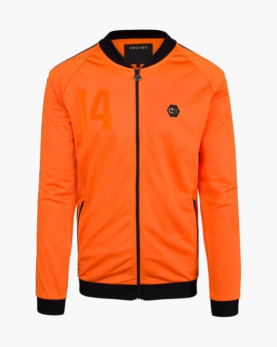 Oranje Cruyff trainingsjack met zwarte kraag, ritssluiting en de tekst '14' op de borst.