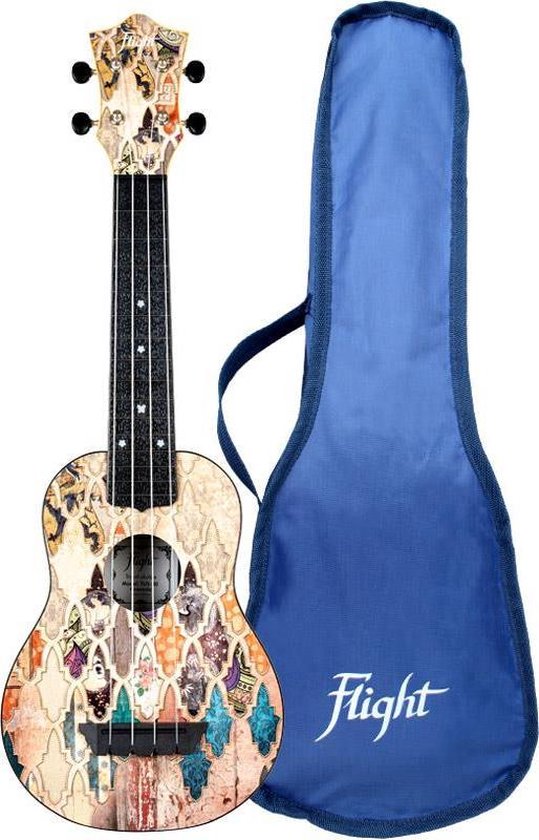 Een ukelele met een print van vintage postzegels en bloemen, naast een blauwe Flight ukelele hoes.