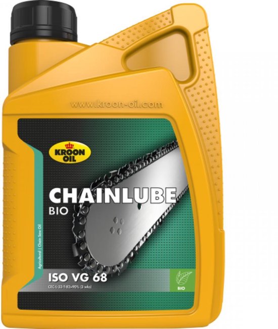 Gele fles kettingolie met zwart deksel. Label toont een zaagketting en de tekst 'CHAINLUBE BIO ISO VG 68'.