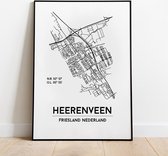 Heerenveen city poster, A4 met lijst,  plattegrond poster, woonplaatsposter, woonposter