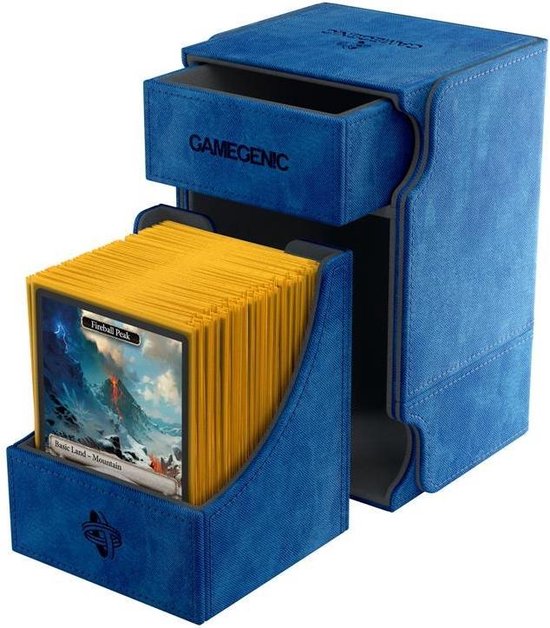 Blauwe deckbox met Magic the Gathering kaarten in een open vak.