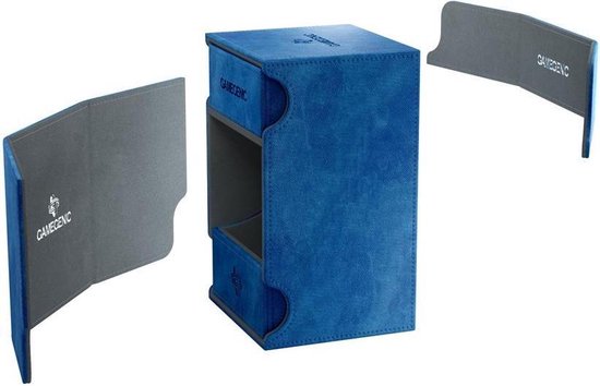 Blauwe deckbox met uitklapbare zijden en lade.