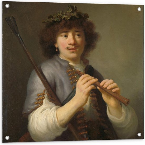 Tuinposter – Oude meesters - Rembrandt als herder met staf en fluit, Govert Flinck - 80x80cm Foto op Tuinposter  (wanddecoratie voor buiten en binnen)