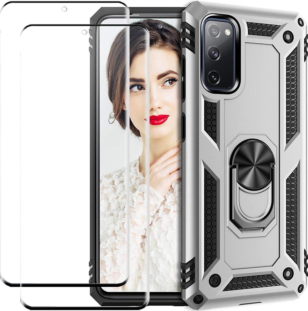 Telefoonhoesje Geschikt voor: Samsung Galaxy S20 Plus hoesje Schokbestendige ring armor met 2X volledige schermdekking Screenprotector zilver
