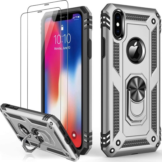 XS iPhone XS Max Antichoc Ring Armor avec 2X Glas Screenprotector argent