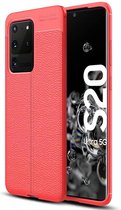 Litchi Fibre Hoesje TPU Flexibele beschermhoes - Geschikt voor: Samsung Galaxy S20 Ultra - rood