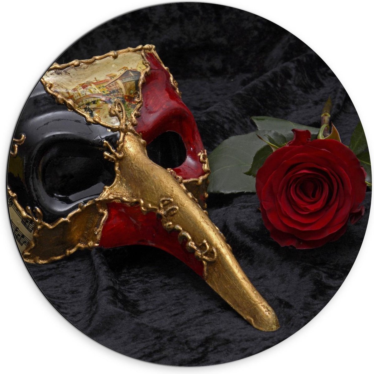 Dibond Wandcirkel - Goud/Rood Masker met Rode Roos - 70x70cm Foto op Aluminium Wandcirkel (met ophangsysteem)