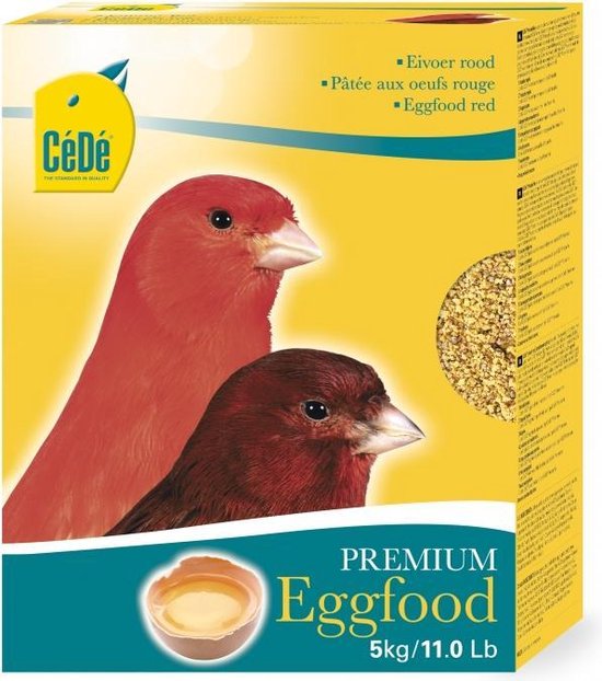 Verpakking Cédé Premium Eggfood met twee kanaries en een gebroken ei.