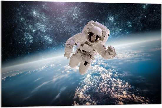Acrylglas - Astronaut bij Wereldbol  - 60x40cm Foto op Acrylglas (Met Ophangsysteem)