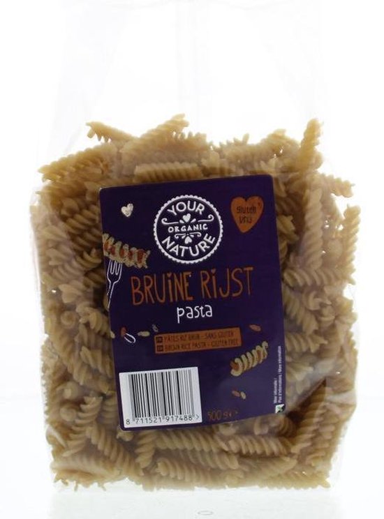 Sac de pâtes de riz brun avec une étiquette violette indiquant le logo "Your Organic Nature", "Sans gluten" et "pâtes de riz brun".