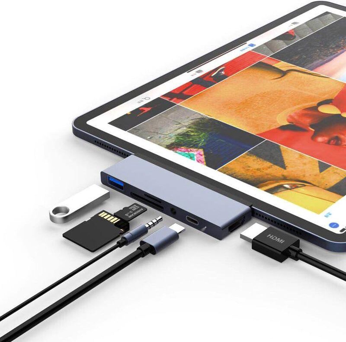 BrightNerd USB-C hub - 6 in 1 adapter - Space Grey - voor iPad Pro 2018 -> (model met USB-C poort), MacBook, MacBook Air 2018 ->, MacBook Pro 2016 -> + overige UCB-C aparaten
