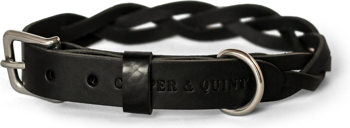 Cooper & Quint Twisted - Halsband hond gevlochten leer - Zwart - Zilver - Small