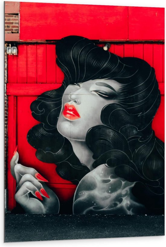 Dibond - Muurschildering Vrouw met Rode Lippen - 80x120cm Foto op Aluminium (Met Ophangsysteem)