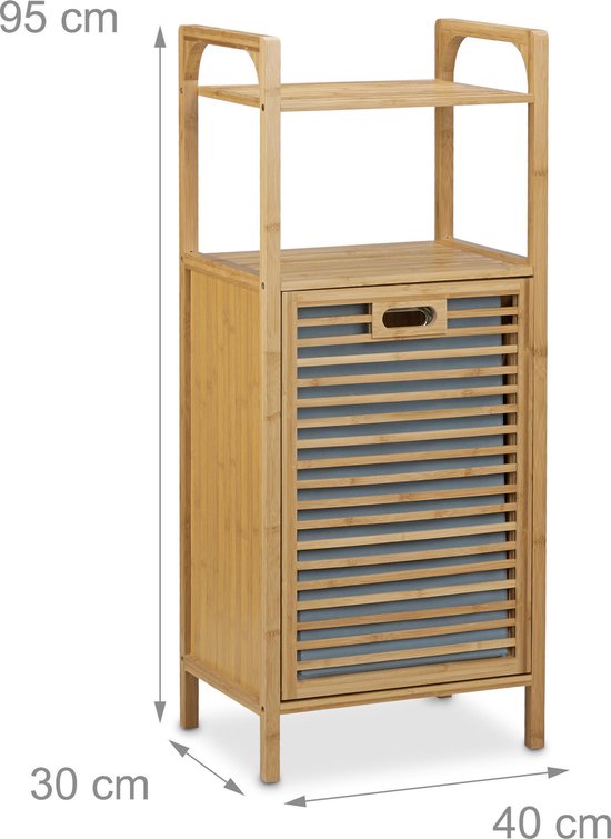 Relaxdays wasmand rek, uitschuifbare manden, 2 vakken & opbegruimte bovenop, wassorteerder bamboe, natuur/grijs
