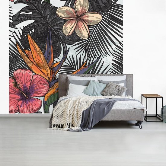 Fotobehang Tropische Illustraties - Tropische blaren patroon met bloemen  breedte 260... | bol.com