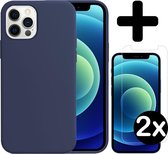 Hoesje Geschikt voor iPhone 12 Pro Hoesje Siliconen Case Hoes Met 2x Screenprotector - Hoes Geschikt voor iPhone 12 Pro Hoes Cover Case - Donkerblauw.