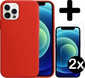 Hoesje Geschikt voor iPhone 12 Pro Hoesje Siliconen Case Hoes Met 2x Screenprotector - Hoes Geschikt voor iPhone 12 Pro Hoes Cover Case - Rood