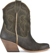 PS Poelman Dixie Dames Western Cowboy Halfhoge Leren Laarzen met Gouden Piping  - Musk Kaki Groen - Maat 38