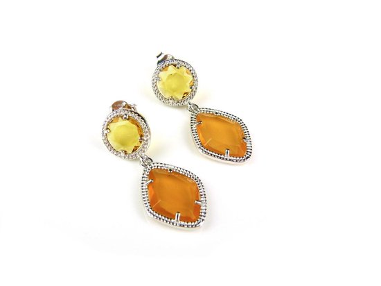 Zilveren oorringen oorbellen Model Tango gezet met oranje en gele stenen