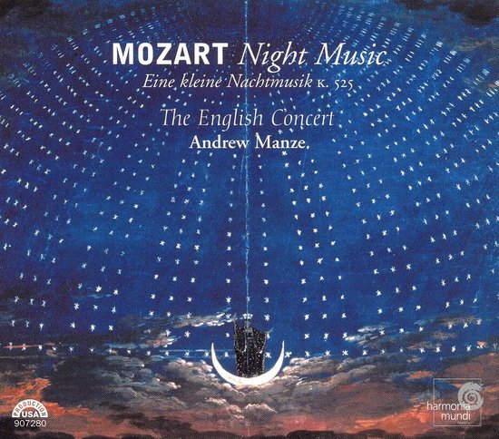 CD-hoes met een nachtelijk tafereel, sterren en een halve maan. "MOZART Night Music". The English Concert, Andrew Manze.