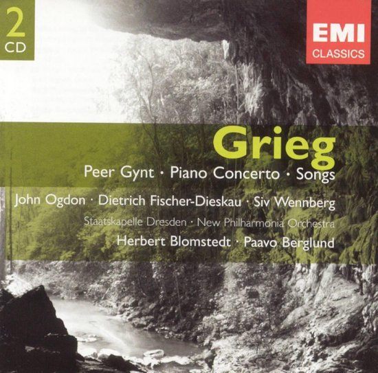 Cd-hoes met "Grieg" in gele letters. "EMI CLASSICS". Landschap met bomen en een grot.
