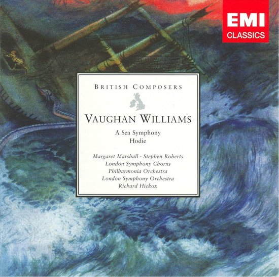 Albumhoes met artwork van een scheepswrak in een storm. Titel: Vaughan Williams, A Sea Symphony, Hodie.