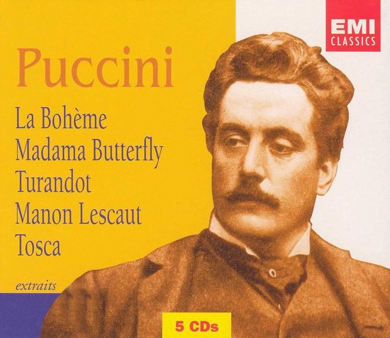5 cd's: Puccini La Bohème, Madama Butterfly, Turandot, Manon Lescaut, Tosca. Portret van Giacomo Puccini.