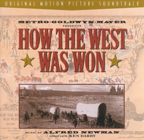 Originele soundtrack van "How the West Was Won" met klassieke Western-illustraties en een foto van wagens in de woestijn.