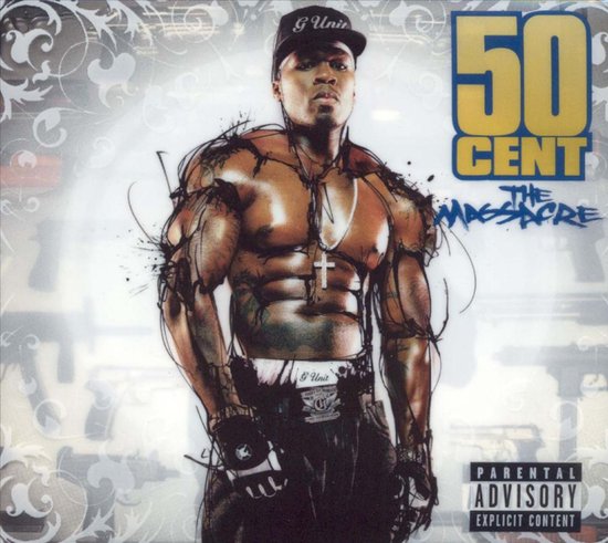 CD-hoes 50 Cent The Massacre met gespierde artiest met pet, ketting en 'Parental Advisory' waarschuwing.