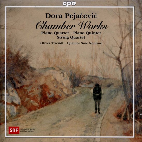 Albumhoes met een schilderij van een persoon op een weg in de natuur, met de titel 'Dora Pejačević: Chamber Works'.