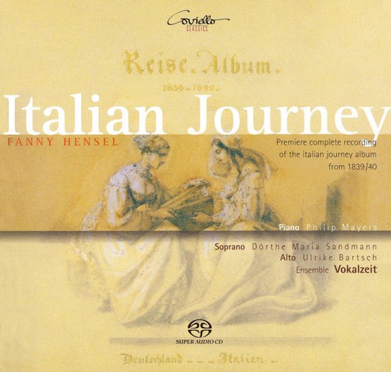 Albumhoes met de titel 'Italian Journey' van Fanny Hensel, met een schilderij van twee vrouwen in klederdracht.