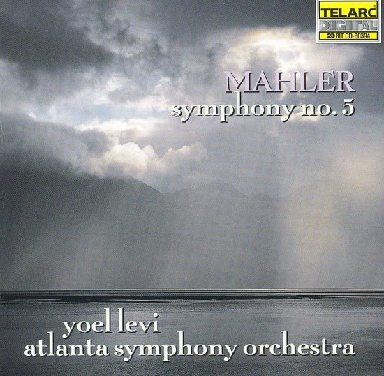 Albumhoes met donkere, dramatische luchten boven water en bergen. Tekst: Mahler symphony no. 5, yoel levi, atlanta symphony orchestra, TELARC DIGITAL 20 BIT CD-80394.