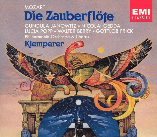 CDhoes met EMI Classics logo. Tittel: Mozart Die Zauberflöte, Klemperer. Afbeelding van een insect met vleugels.