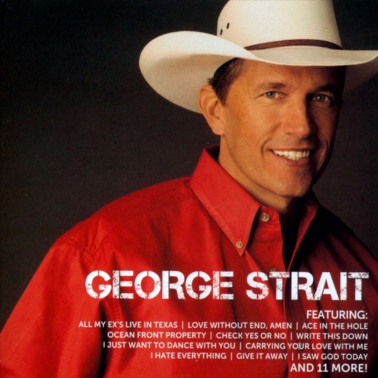 George Strait in rood shirt en witte cowboyhoed. Titel: George Strait.