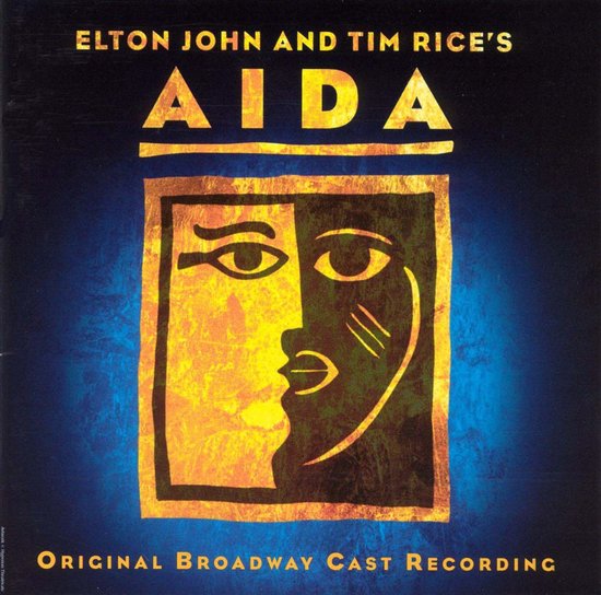 Albumhoes voor AIDA Original Broadway Cast Recording met een illustratie van twee gezichten en de tekst ELTON JOHN AND TIM RICE'S AIDA.