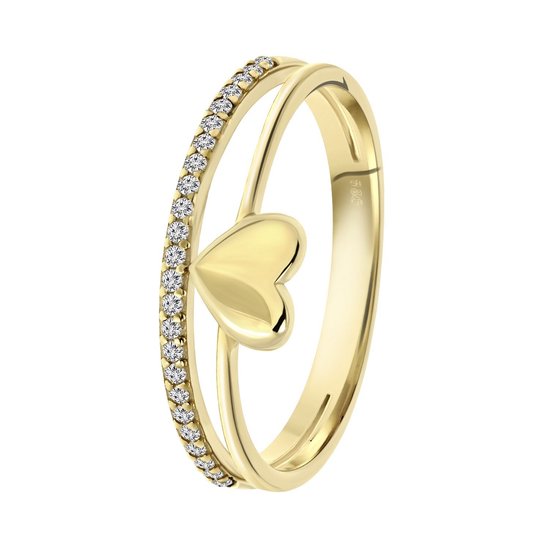 Bague double cœur en or jaune 14 carats et zircone