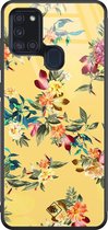 Samsung A21s hoesje glass - Bloemen geel flowers | Samsung Galaxy A21s  case | Hardcase backcover zwart