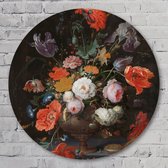 Muurcirkel ⌀ 100 cm - Stilleven met bloemen en een horloge – Abraham mignon - Aluminium Dibond - Bloemen en Planten - Rond Schilderij - Wandcirkel - Wanddecoratie