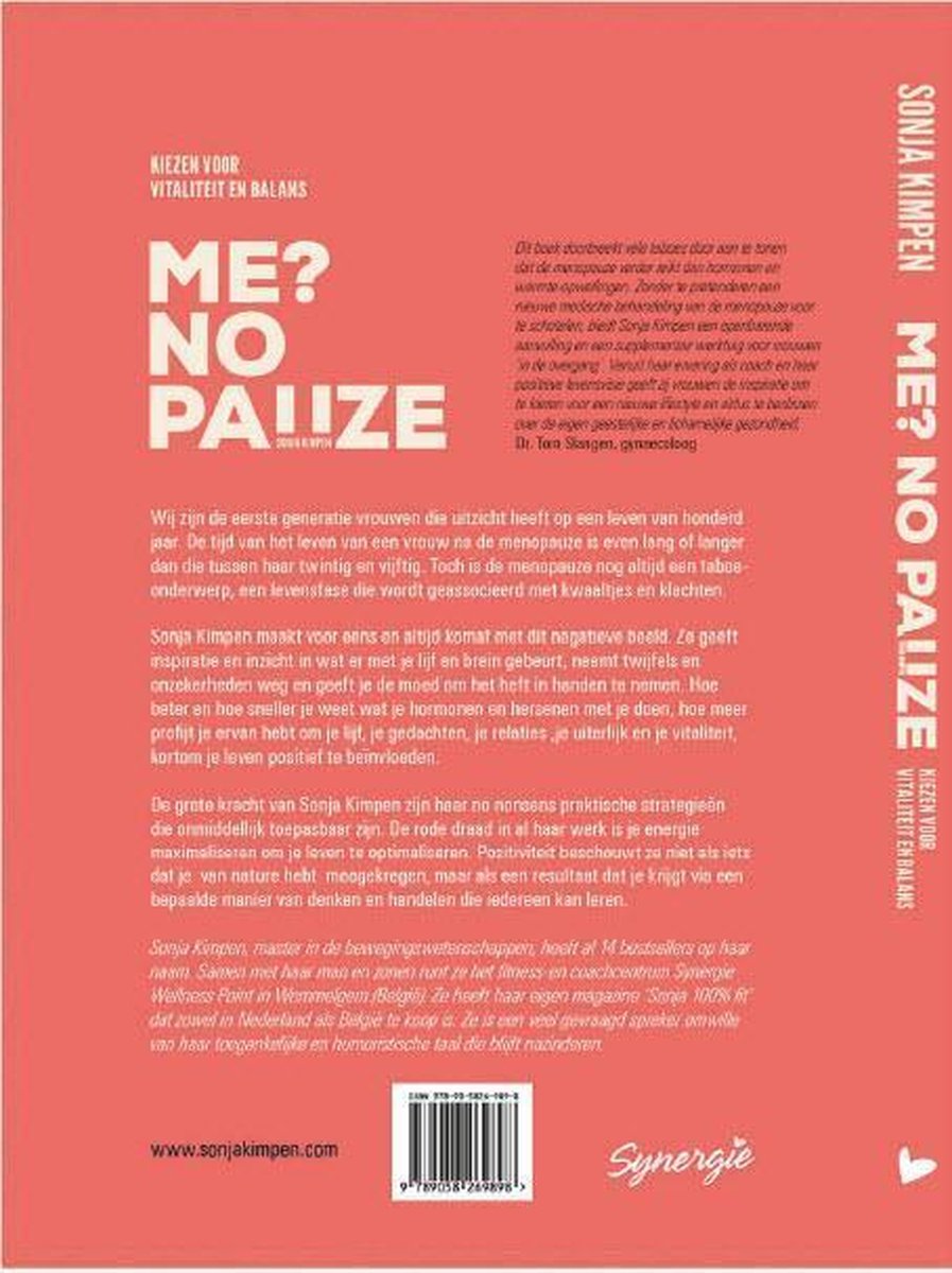 Achterkant boek "ME? NO PAUZE" met tekst over de menopauze en Sonja Kimpen.