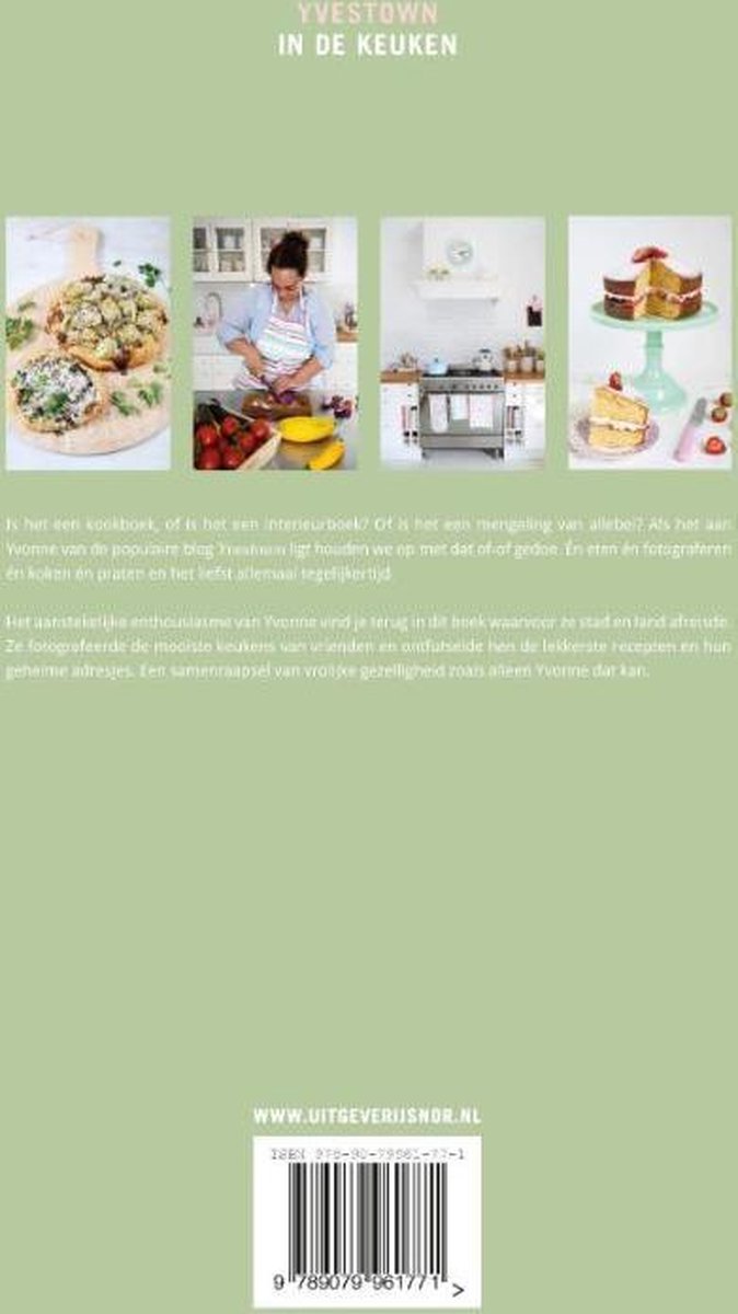 Boekomslag 'Yvestown in de keuken' met collage van vier foto's: gebak, vrouw aan het koken, keukeninterieur en taart.