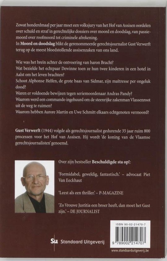 Achterflap van het boek Moord en doodslag met een portretfoto van Gust Verwerft, geboren in 1944.
