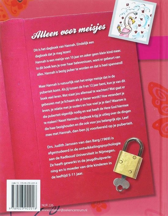 Achterkant van het boek 'Alleen voor meisjes' met informatie over Hannah die 9-12 jaar oud is en de puberteit ingaat.