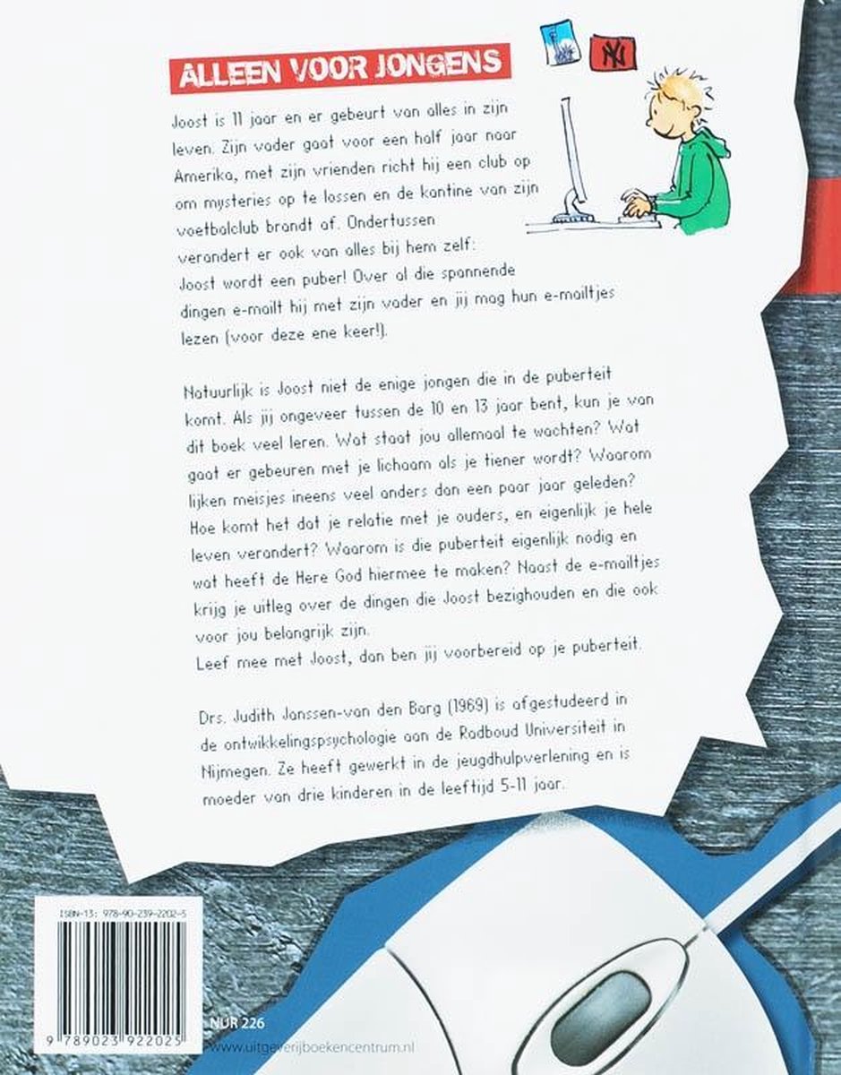 Achterkant boek "Alleen voor jongens" met tekst en een illustratie van een jongen achter een computer.