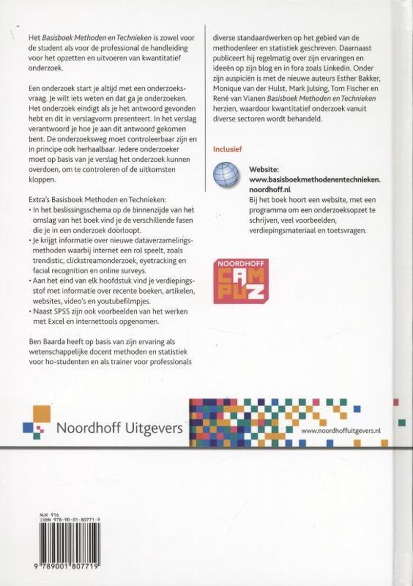 Achterkant van het basisboek "Methoden en Technieken" van Noordhoff Uitgevers, met een QR-code en tekst over de inhoud.